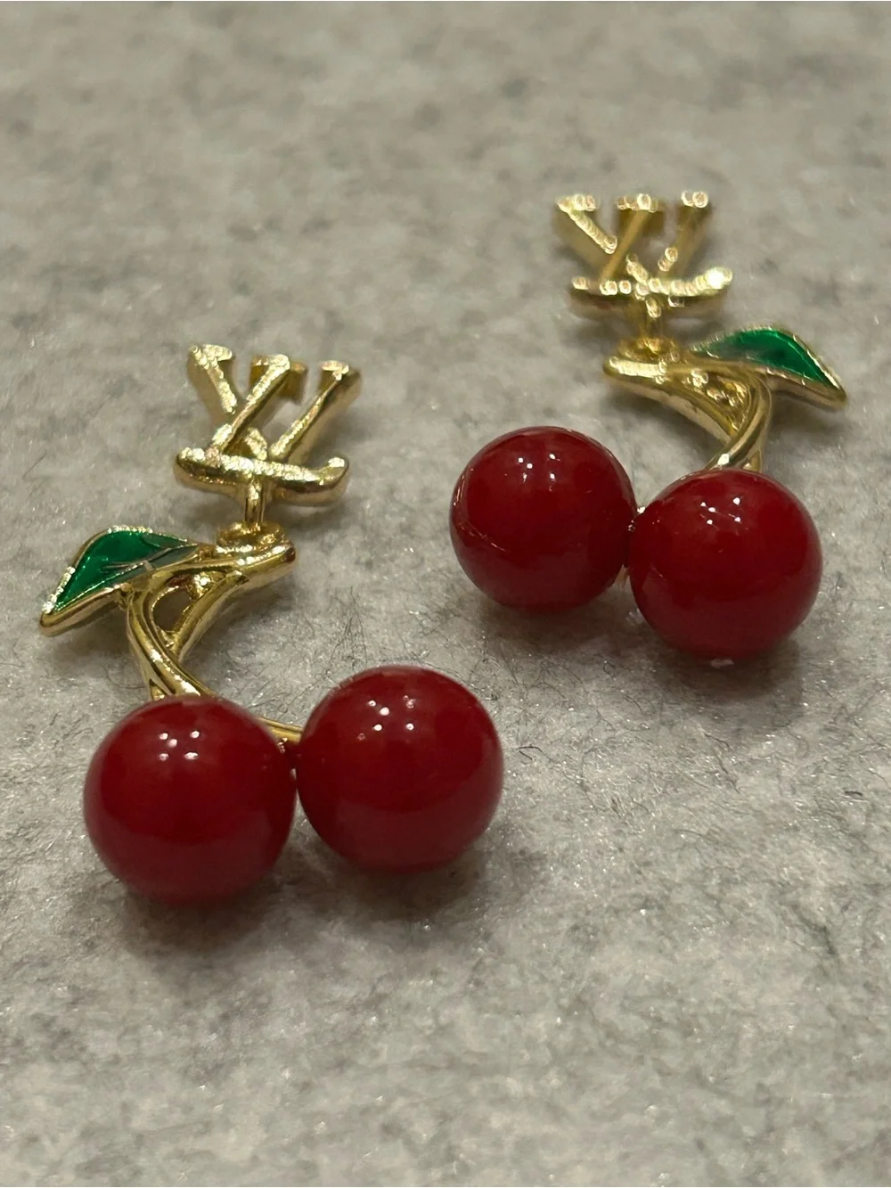 MUST HAVE…Gold-Tone Lettered Cherry Drop Earrings with Red Beads and Green Leaf - Picture 5 of 9